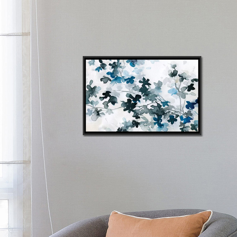 « blue cerise fleurs », impression sur toile, H 18 po x l 26 po x P 1,5 po, Toile avec cadre noir, Pas de tapis