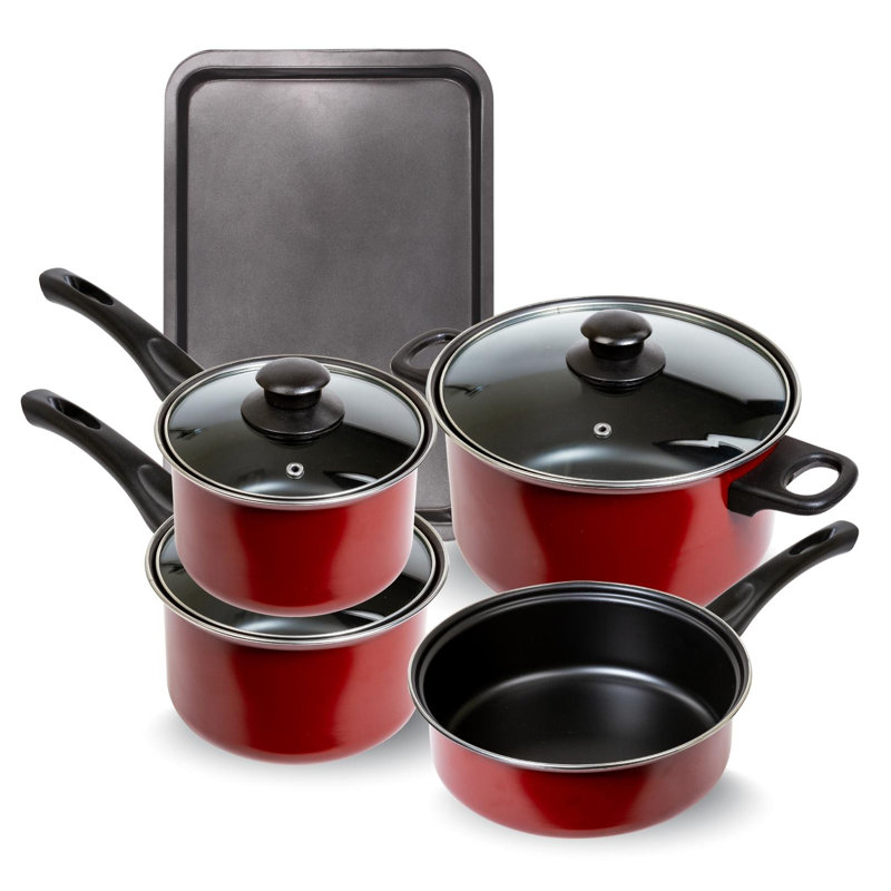Batterie de cuisine antiadhésive en acier au carbone 8 pièces, Rouge