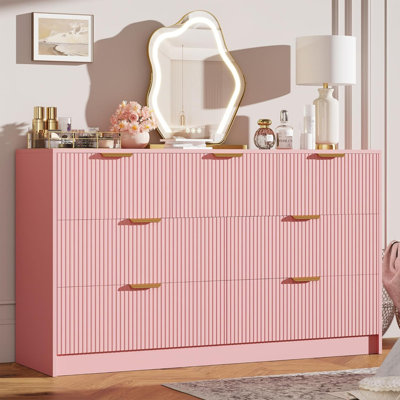 Commode cannelée 55 po à 7 tiroirs - Poignées dorées, meuble télé multifonctionnel pour chambre à coucher, salon, couloir