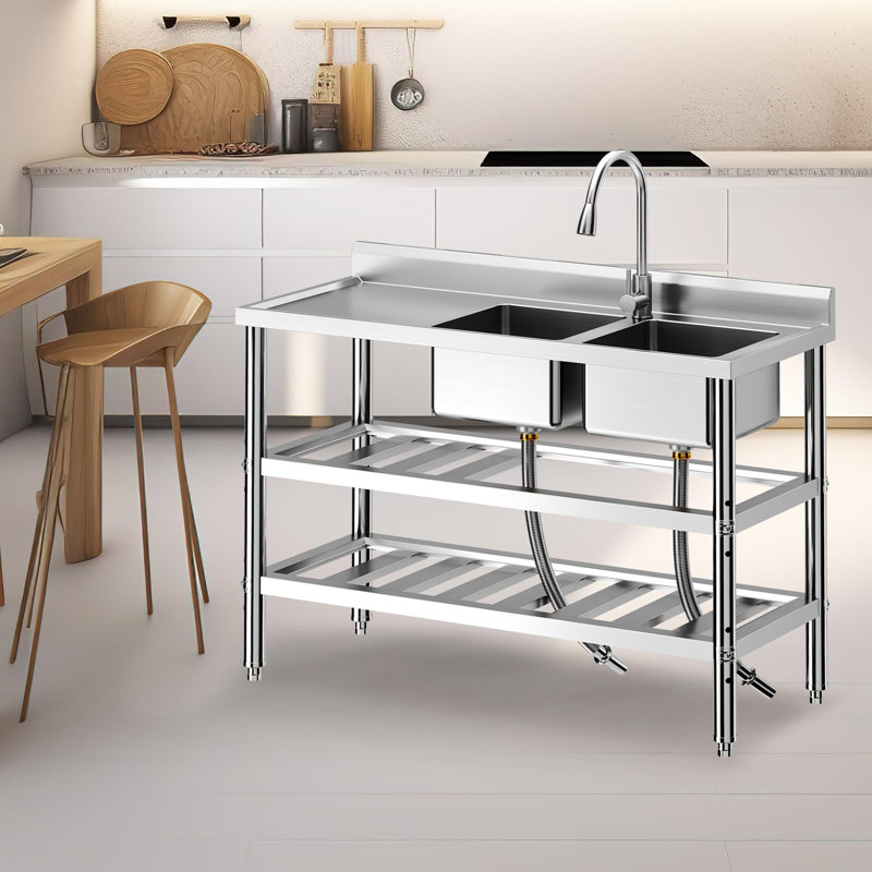 Évier de buanderie à double cuve en acier inoxydable, ensemble d'évier de cuisine de restaurant commercial autoportant, évier utilitaire en acier inoxydable pour la cuisine, bar