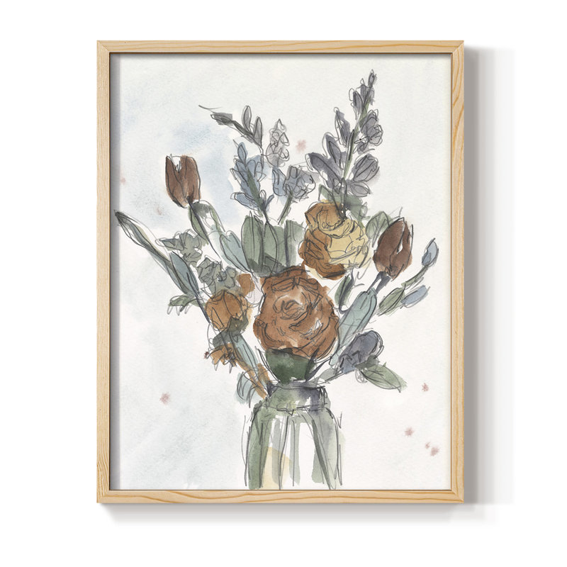 Aquarelle arrangement floral II, reproduction encadrée - bois massif, H 11 po x l 9 po