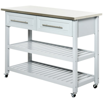 Utility Trolley With Stainless Steel Worktop, 2 Open Shelves, Drawers, Gray, For Multi-Purpose Home Spaces Kitchen Top, Rustic And Style