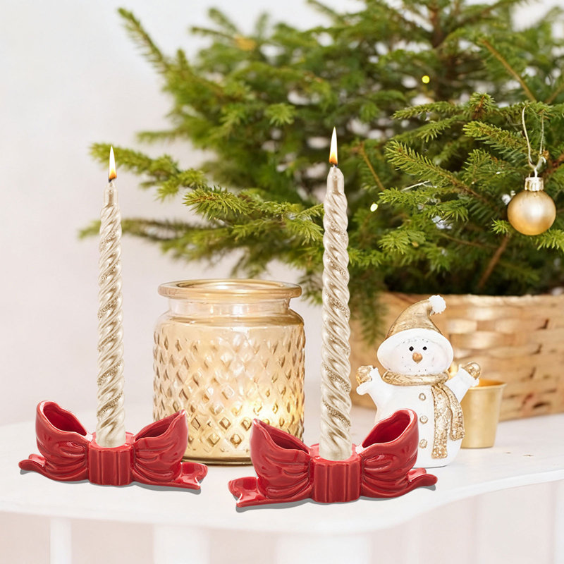 Porte-bougie de Noël en forme de bougie en céramique, Red