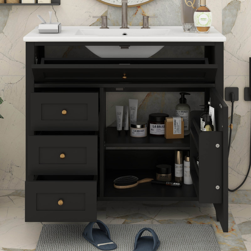 Ensemble de meuble-lavabo 36 po avec lavabo, tiroir basculant, portes et support, armoire de salle de bain avec tiroirs et tablette réglable