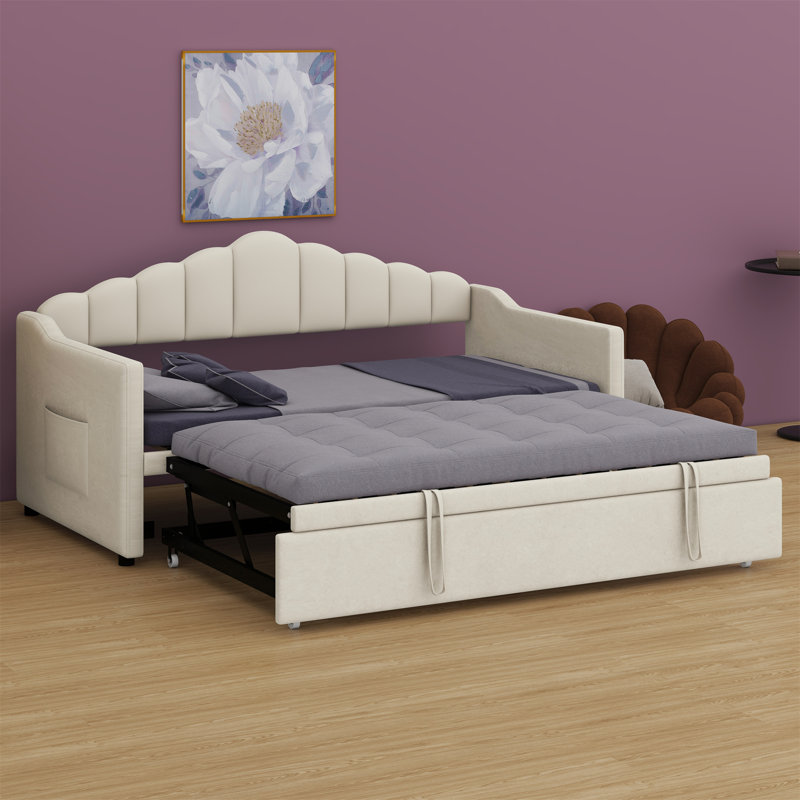 Upholstered Daybed With Adjustable Height Pop Up Trundle Bed And USB & Type-C Charging Port, Day Bed Frame With 2 Side Pockets