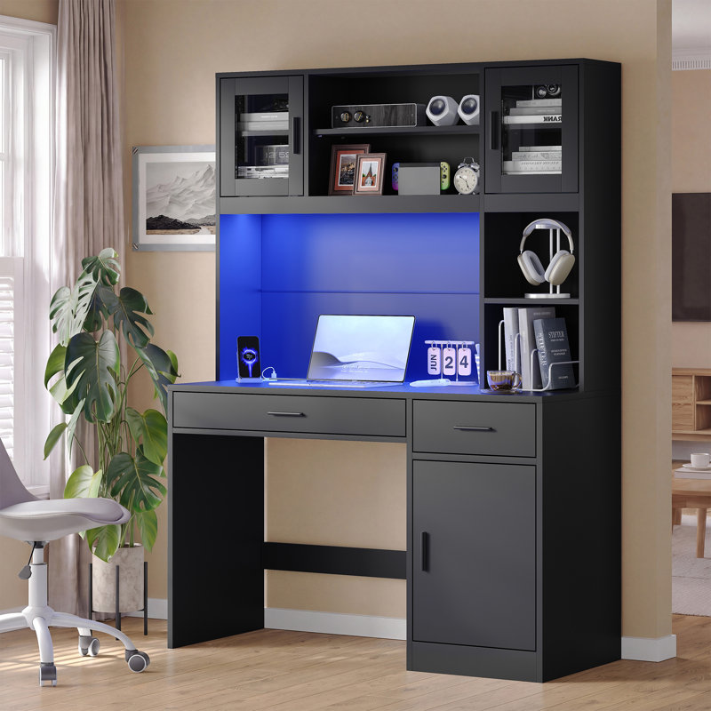 Bureau d'ordinateur moderne de 120 cm de large avec tablette, bureau avec éclairage DEL contrôlé par application et borne de recharge pour bureau à domicile