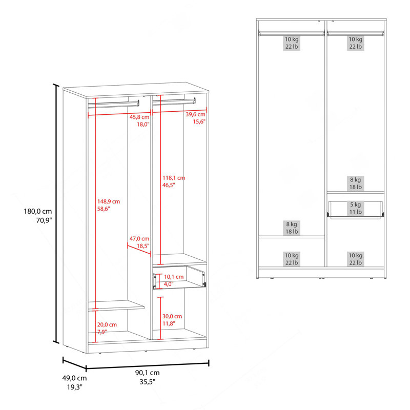 Armoire H 70,9 po, 2 portes, 1 tiroir, 2 tablettes, gris mat / chêne naturel - Chambre