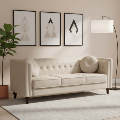 Canapé Chesterfield classique, canapé capitonné Modern Line avec accoudoirs carrés et pieds fuselés en bois, canapé rembourré en velours écrasé pour le salon