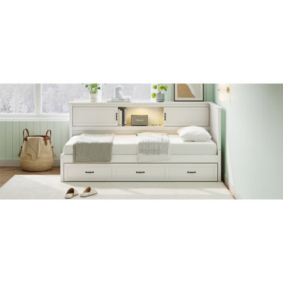 Cadre de lit en forme de L avec tiroir et bibliothèque, lit d'angle en bois avec éclairage à DEL et port USB pour petite chambre, chambre à coucher, chambre d'amis, taille simple, blanc