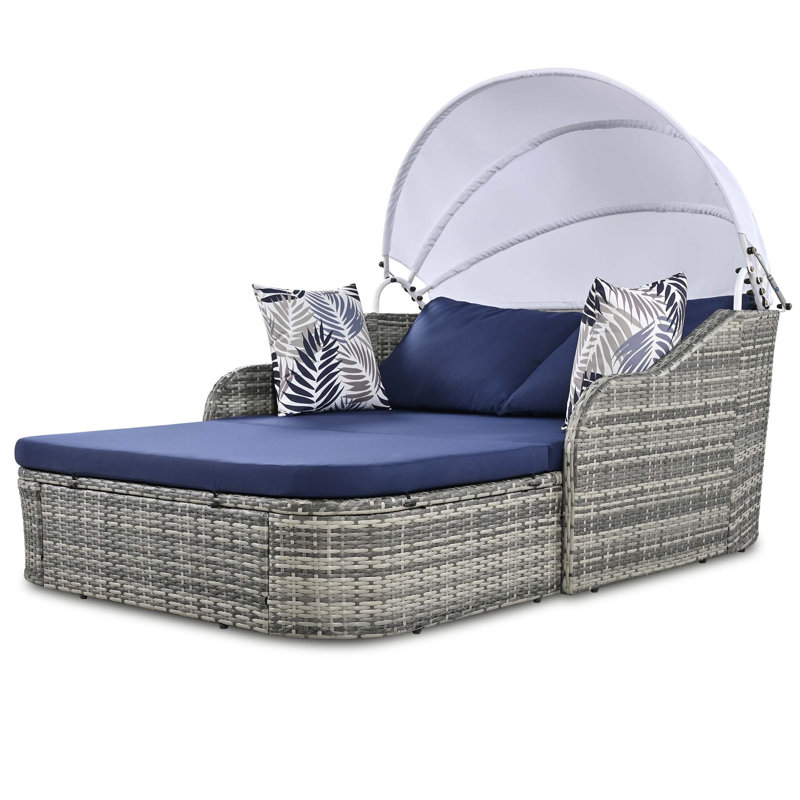 79.9" Outdoor Sunbed With Adjustable Canopy, Double Lounge, PE Rattan Daybed, Wicker And Cushion, Gray, Blue