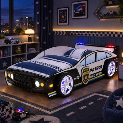 Lit d'enfant en forme de voiture de police avec roues lumineuses DEL et gyrophares rouges/bleus clignotants, design voiture de patrouille