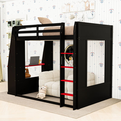 Queen Over Queen Bunk Bed with Built-in Desk, USB Port and LED Lighting