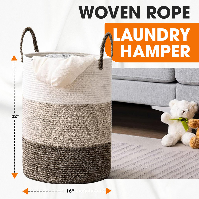  Grand panier à linge en coton tissé avec poignées, Tanné
