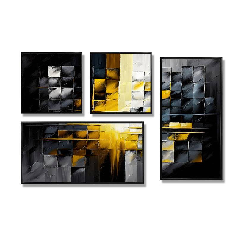 Abstrait géométrique noir et jaune IV - Art mural abstrait géométrique 4 pièces, Noir
