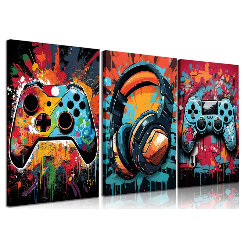 3Pcs Cool Gaming Wall Art Retro Video Game Watercolor Posters Pictures Colorful Neon Gamepad Canvas Painting Prints Room Kids Game Room Bedroom For Boys Home Decoration Ready To Hang 12X16in