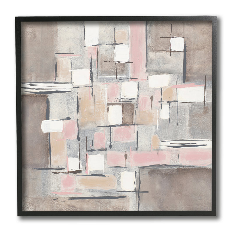 Grille géométrique abstraite rose et brun, Giclée encadrée noir minuit, H 12 po x l 12 po x P 1,5 po