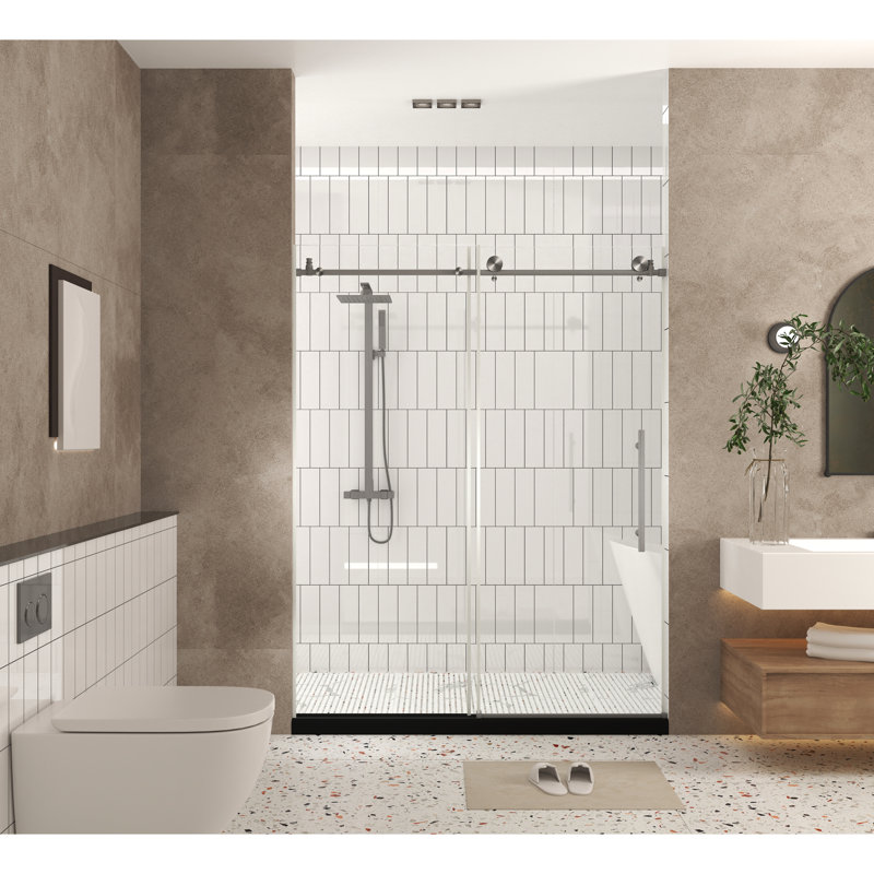 56 - 60" W X 76" H Shower Door 1/4"  6 Mm  Clear Tempered Glass With Proof Film Stainless Steel Handle In Brushed Nickel For Bathroom Large Wheels And Round Tracks Smooth Stable Movement Water