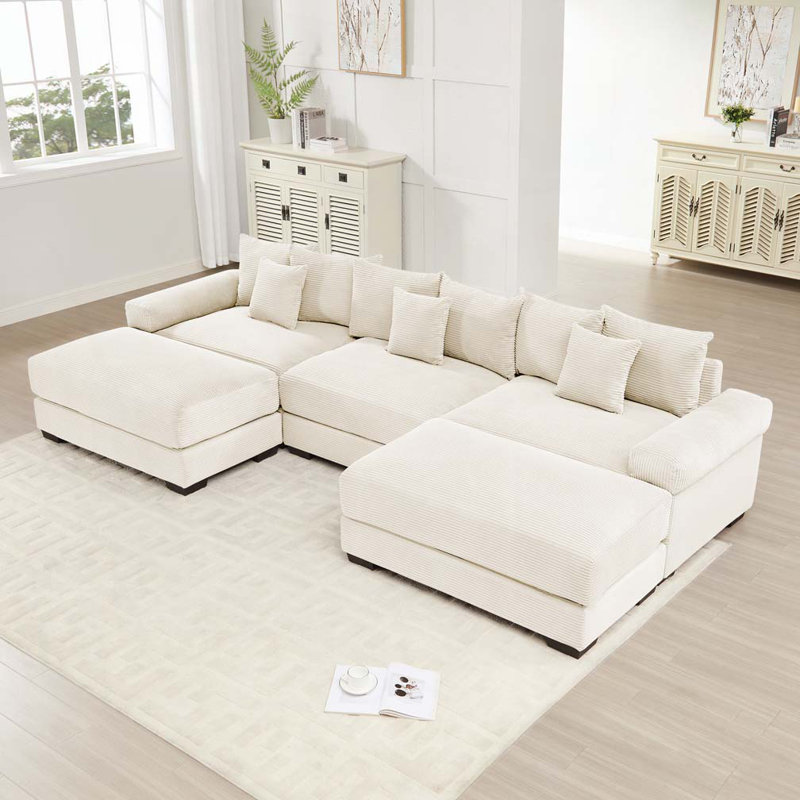 Canapé en velours côtelé 3 places avec 2 repose-pieds, Beige