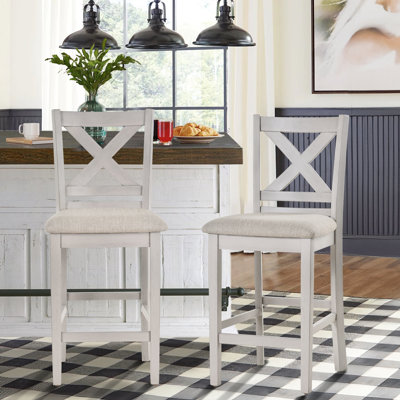 Fabiola 25'' X-Back Solid Wood Fabric Upholstered Bar & Counter Stool with Footrest