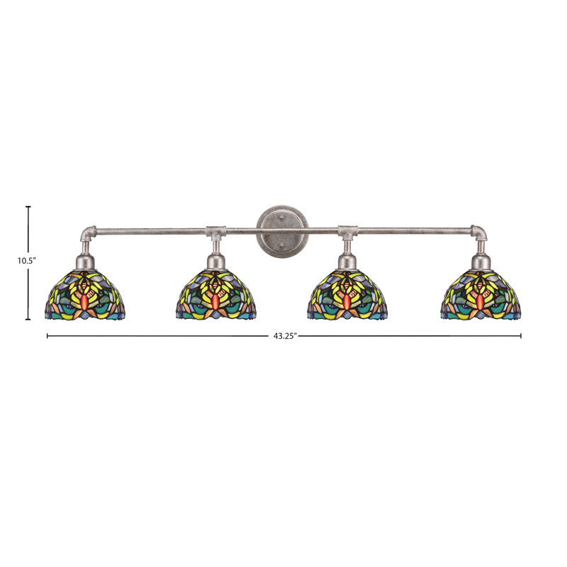 Barlas Vintage 4 Light Bath Bar, Aged Silver Finish, Shown With 7" Kaleidoscope Art Glass, Aged Silver