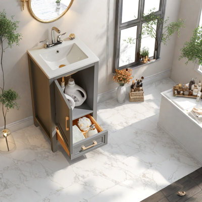 Meuble-lavabo compact en bois massif avec lavabo, design moderne gris autoportant
