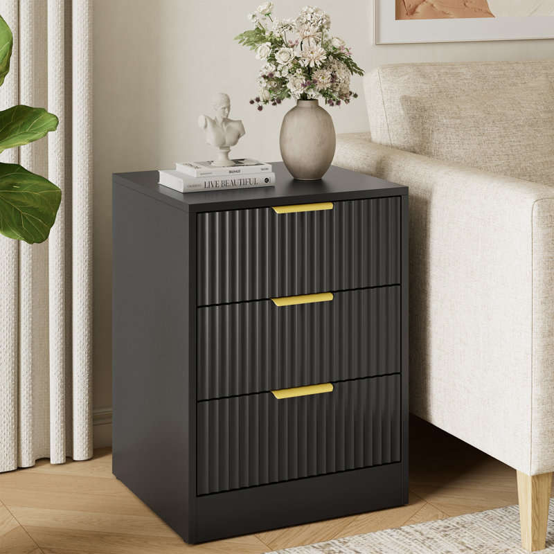 Fluted Nightstand With 3 Storage Drawers, Black, 3