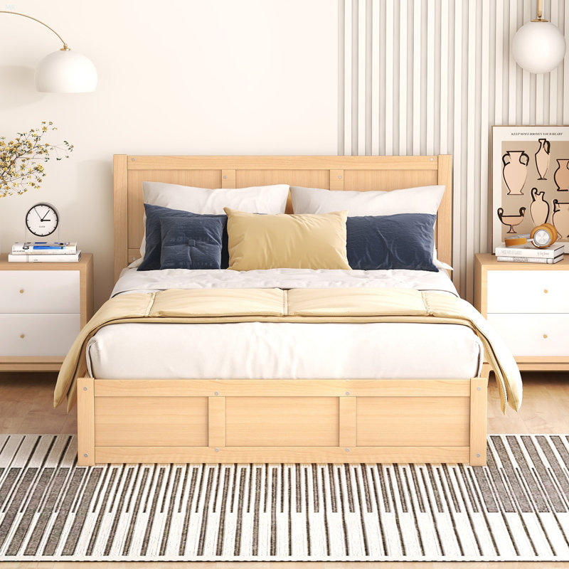 Lit plateforme double en bois avec rangement inférieur et 2 tiroirs, Double
