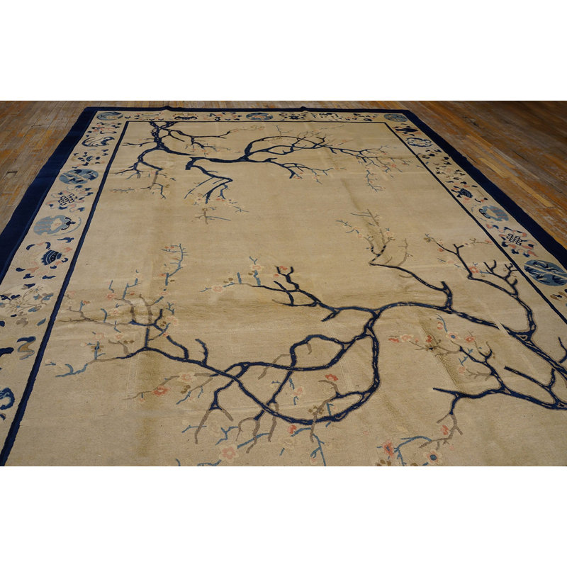 Rectangle 1900s Ivory Beige Cream White Wool Antique Hand Knotted Pile Rug