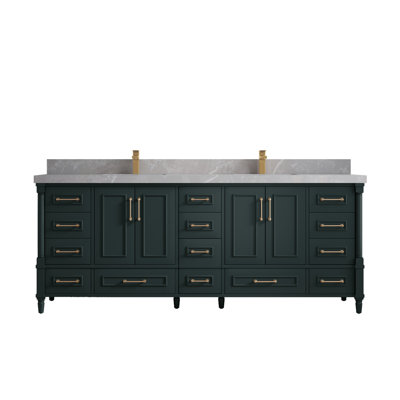 84 In. W X 22 In. D Aberdeen Double Sink Bathroom Vanity In Dark Forest Green With 2 In. Pearl Light Gray Quartz -  Willow Collections, ABD_DGN_LH_GR_84