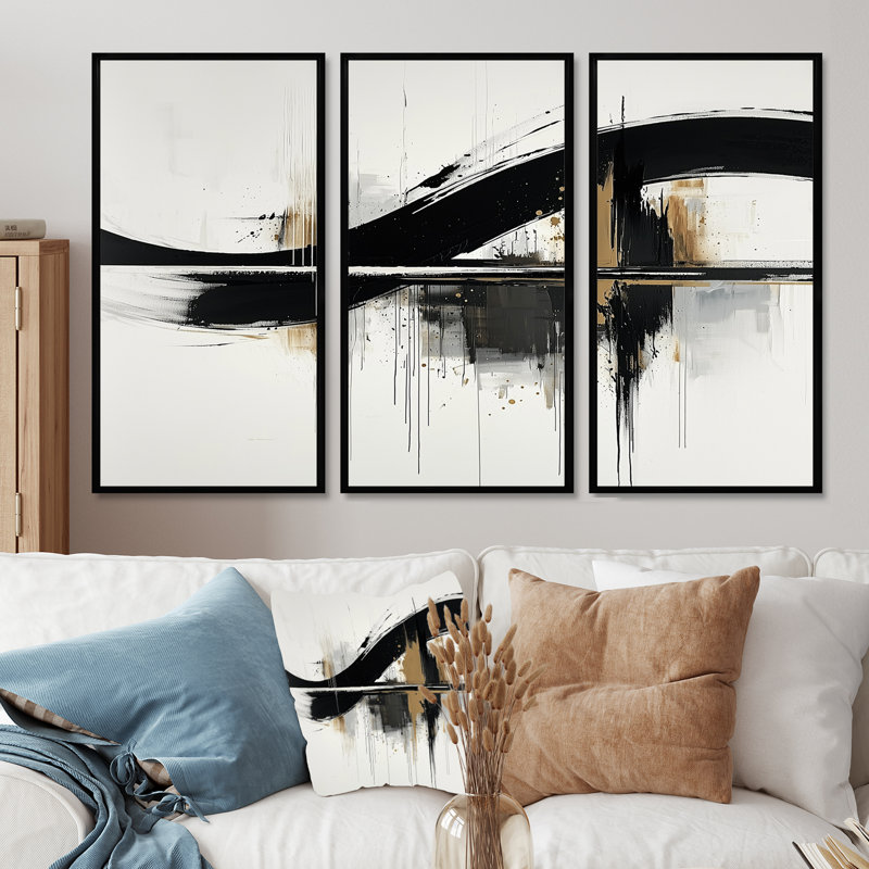 Ensemble de décorations murales formes abstraites et noires V, encre dorée et dorée, H 28 po x l 36 po x P 1 po