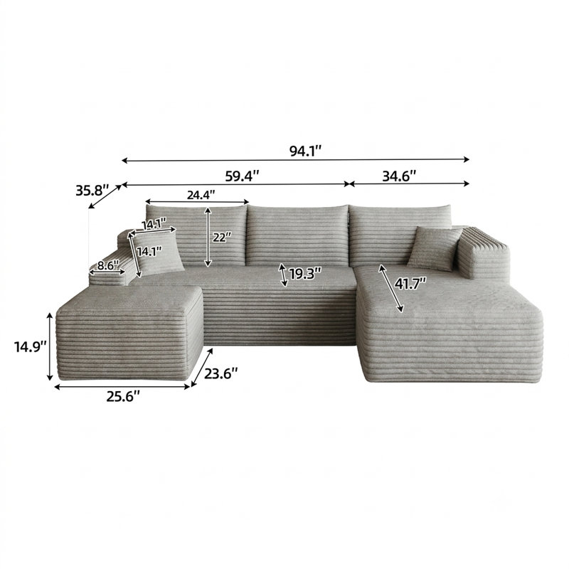 Canapé modulaire en U de 95 po avec repose-pieds, minimaliste moderne, sans assemblage, assise profonde, Noir