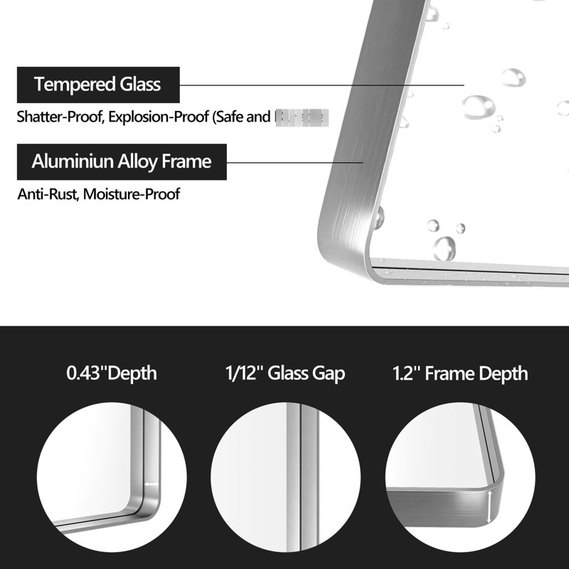 Miroir de salle de bain en aluminium brossé de 36 po x 40 po avec cadre en aluminium brossé pour réflexion, cadre en alliage d'aluminium rouillé, supports de barre en Z, fixation sûre, bien emballé avec un meuble-lavabo protecteur de 40 po x 36 po transparent