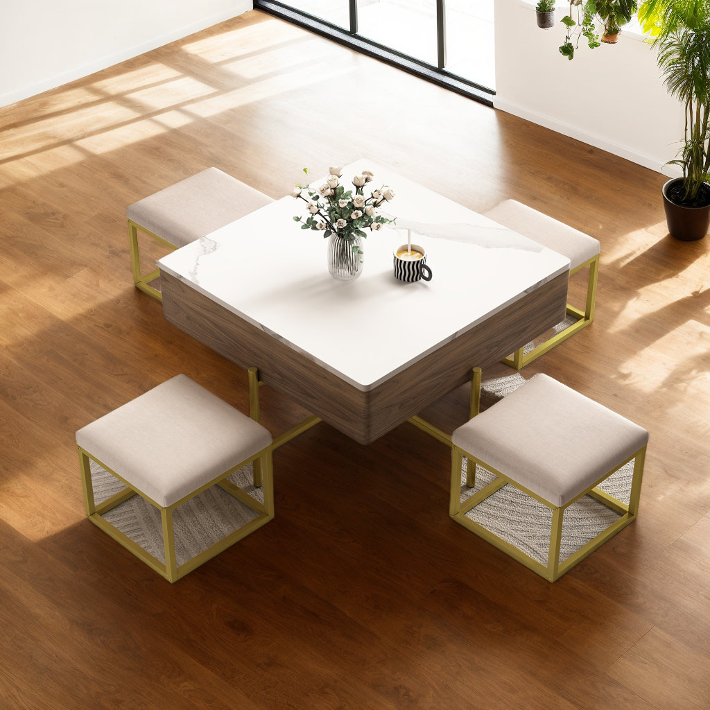 Modern Stylish Square Lift-Top Coffee Table Set with Storage and 4 Ottomans, White + Walnut (Set of 5) Mercer41, image size:1024x1024