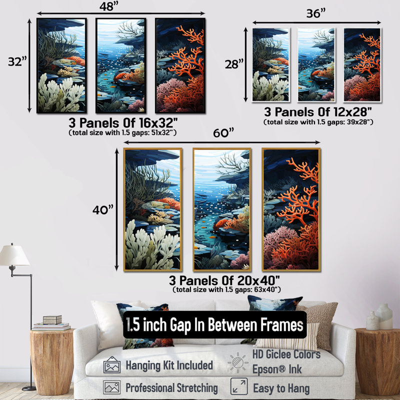 Scènes marines profondes - ensemble d'art mural corail sous l'eau, Cadre flottant blanc, H 32 po x l 48 po x P 1 po
