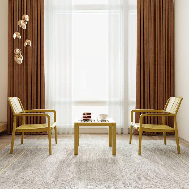 2 chaises simples et table basse pour 2 personnes, meubles en polypropylène jaune, pour l'intérieur et l'extérieur, décoloration, conception toutes saisons, utilisation intérieure / extérieure à 5 réglages, qualité commerciale, toutes saisons, robustes,