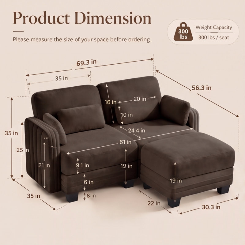 Canapé modulaire capitonné avec dossier réglable Channel, Chenille brun, 35" H x 69.3" W x 56.3" D