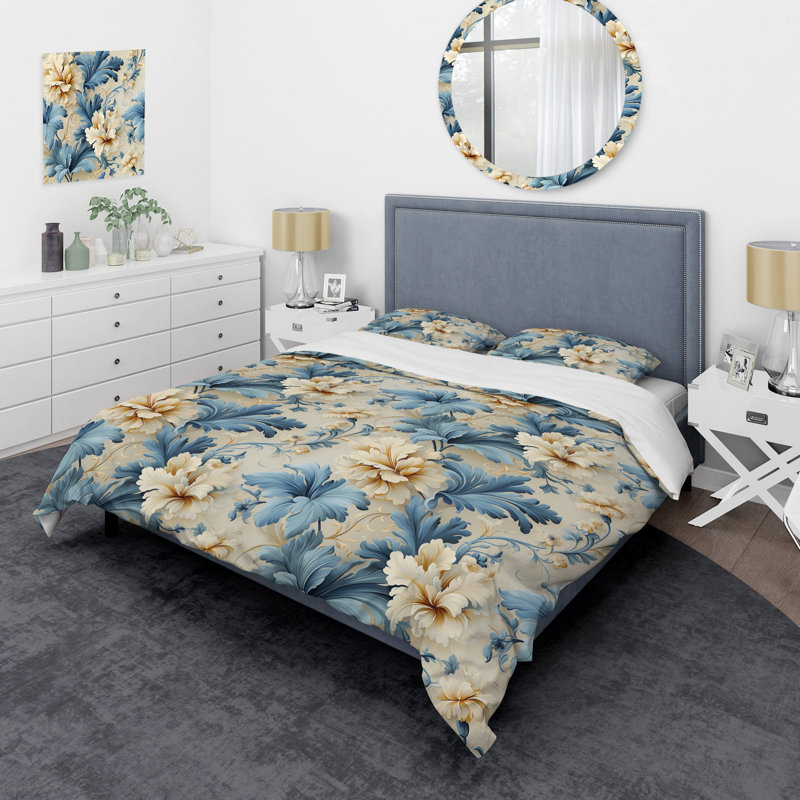 Ensemble de housse de couette en damas blanc et bleu, Housse de couette pour grand lit et 2 taies décor