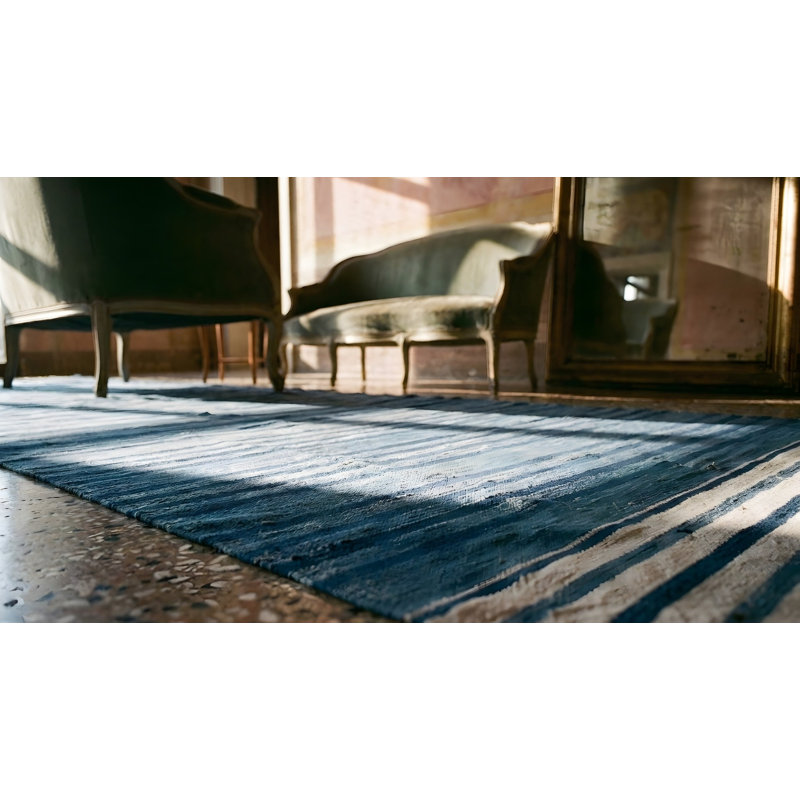 Blue Stripped Antique Huge Oversized Flat Weave Indian Dhurrie Rug
