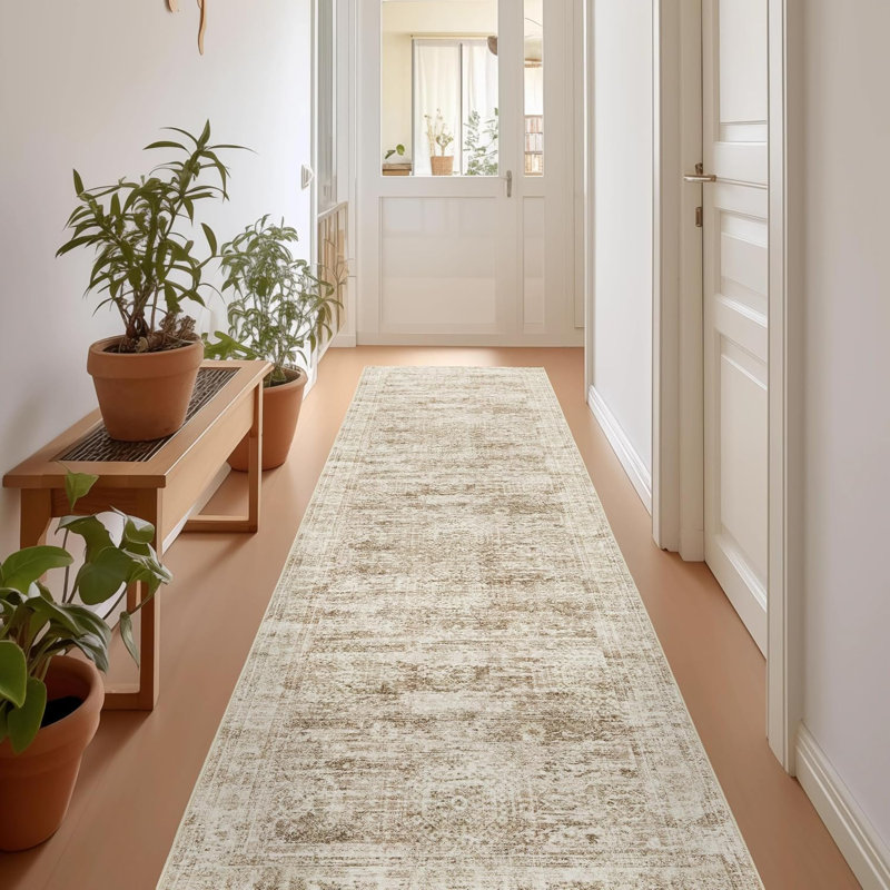 Tapis lavable rétro antidérapant (brun), Tapis de couloir 2 pi 6 po x 10 pi