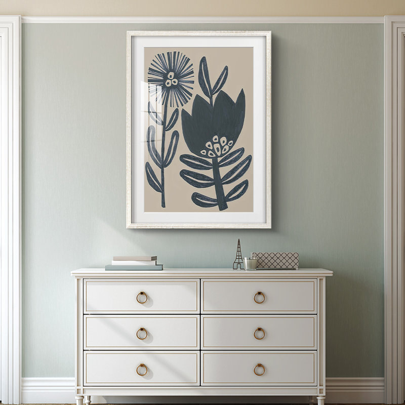 «Blockprint Folk Flowers I», impression encadrée, H 28,5 po x l 20,5 po, Blanc