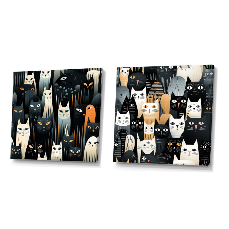 Motif abstrait de chats noirs et blancs - animaux, ensemble de 2 collages carrés, H 36 po x l 73 po, Toile tendue