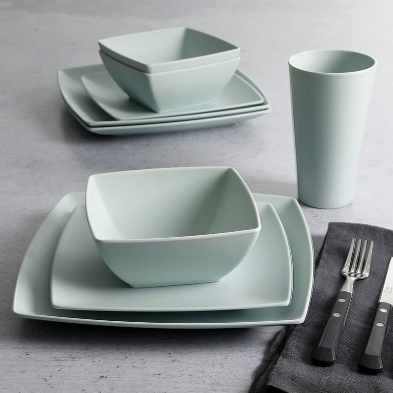 Mint Square Melamine Dinnerware Set, Service for 4