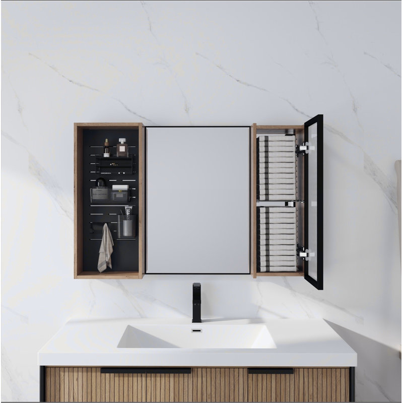 Armoire de toilette 41,6 po avec rangement, armoire à pharmacie murale avec porte miroir, tablettes en verre réglables, contreplaqué