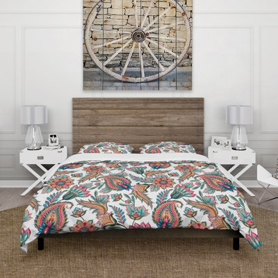 Orange And Blue Paisley Flowers - Bohemian Duvet Cover Set - Microfiber Polyester