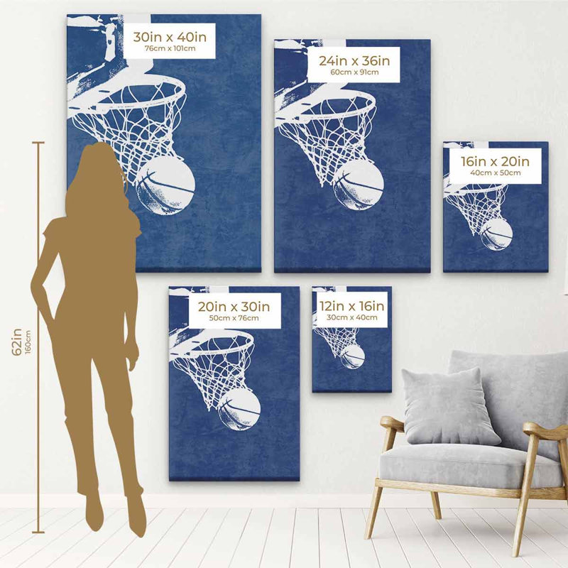 Hanselka, basketball bleu sur toile, impression, H 16 po x l 12 po, Cadre noir