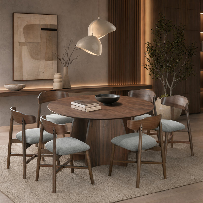Marlow Modern 7-Piece Solid Wood Round Dining Table Set With Curved Back Upholstered Chairs, 7 Pieces: Table, 6 Chairs, Brown