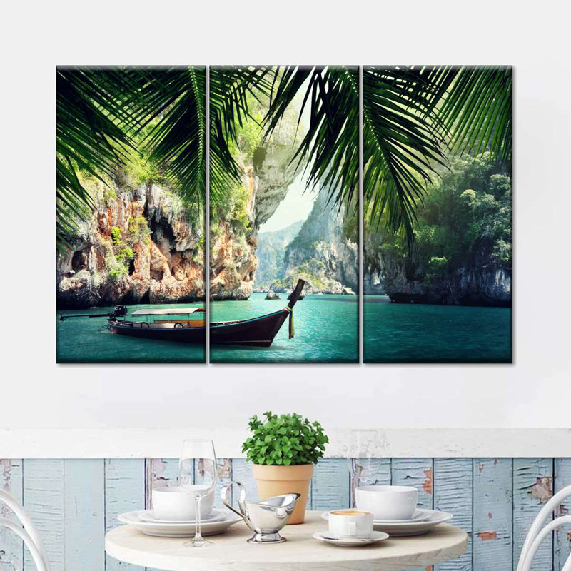 Thailande, bateau long, 3 pièces, H 24 po x l 38 po x P 1,25 po