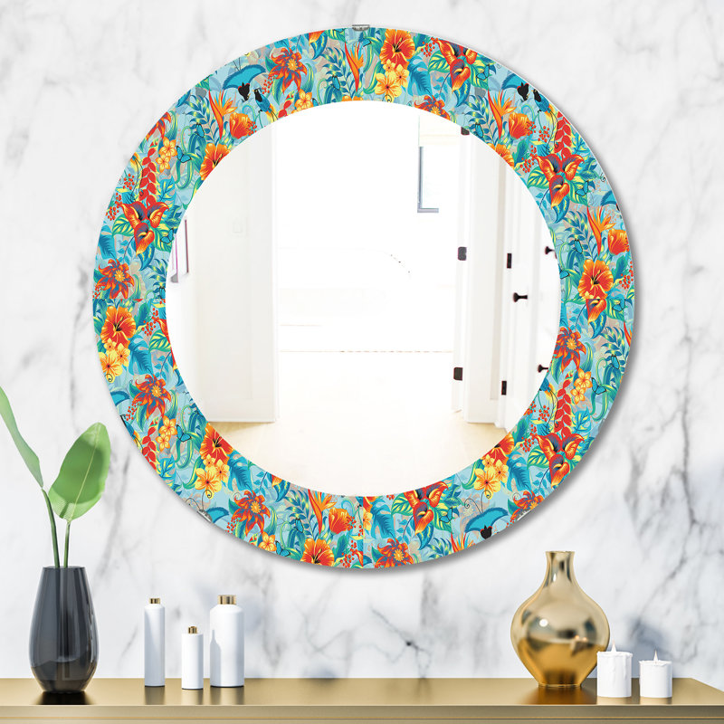 Miroir mural tropical bohémien et éclectique, H 23,6 po x l 23,6 po x P 0,24 po