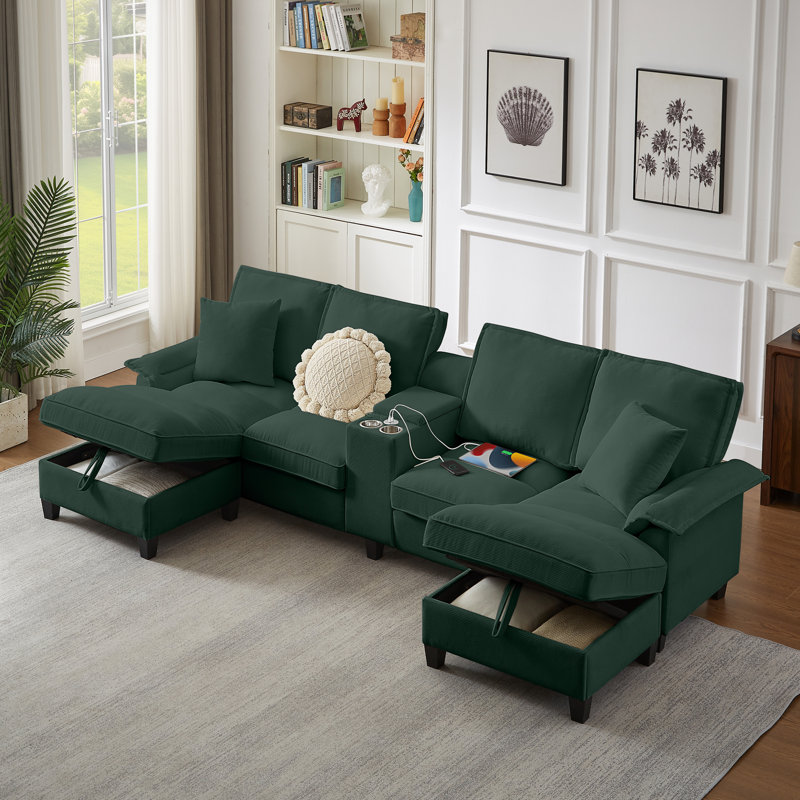 Canapé-lit modulaire en velours côtelé avec rangement - Design moderne en forme de U, Vert
