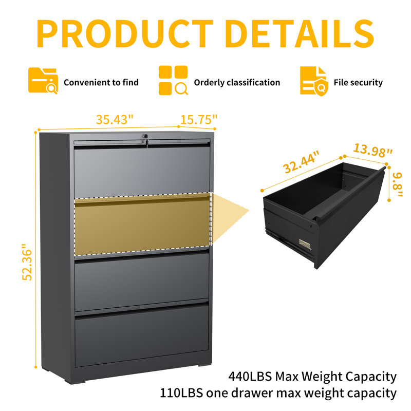 35.43"W 4 Drawer Metal Lateral File Cabinet with Lock for Home Office - A4/Letter/Legal Size, Black
